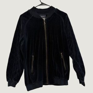 Catalina Velour Bomber Jacket S Quilted Sleeve Full Zip Y2K Fall Winter Black